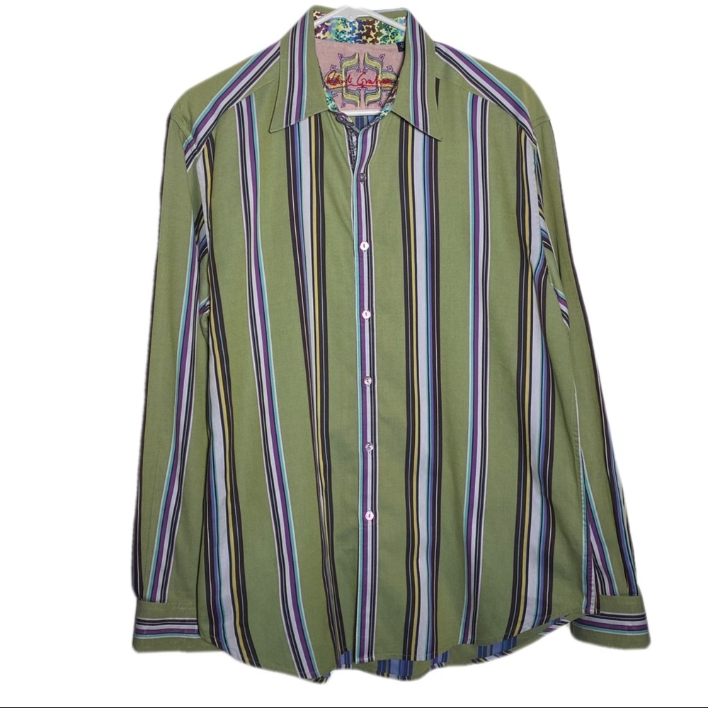 Robert Graham Aruba Green Multicolor Stripe Flip Cuff Collared Button Down Shirt
